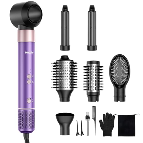 Vincofy 7 in 1 Blow Dryer Brush Set – Hot Air Styler for Fast Drying, Curling, Straightening & Volumizing – Ionic Hair Dryer Brush with 1500W Power – No Heat Damage for All Hair Types – Lilac