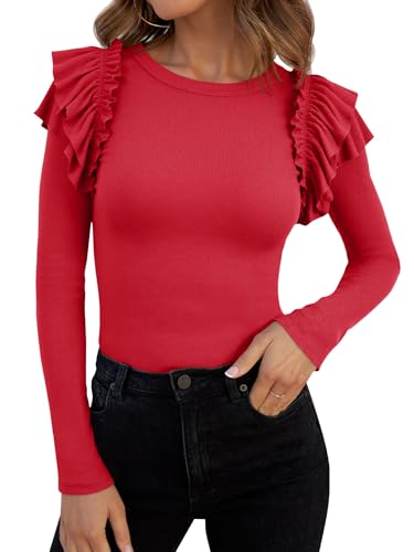 Tankaneo Womens Ruffle Long Sleeve Shirts Fitted Ribbed Knit Tops Fall Casual Crew Neck Tees