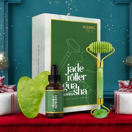 100% Natural Jade Stone Roller and Gua Sha Set with Vitamin C Serum | Great for Eye Puffiness Treatment, Skin Tightening, Anti Aging, Rejuvenate Face & Neck | Beauty Gift for Women (Green) 100% Natural Jade Stone Roller and Gua Sha Set with Vitamin C Serum | Great for Eye Puffiness Treatment, Skin Tightening, Anti Aging, Rejuvenate Face & Neck | Beauty Gift for Women (Green)