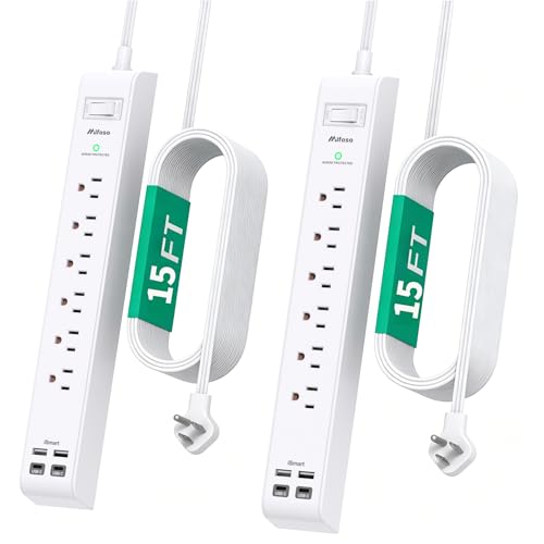 Image of 2 Pack Extension Cord 15FT, Power Strip Surge Protector with 6 Outlets and 4 USB Ports (2 USB C), Flat Plug Overload Protection, Extension Cord with Multiple Outlets, Wall Mount for Home Dorm College