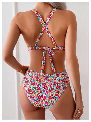 MakeMeChic Women's Two Piece Bikini Set Floral Halter Criss Cross Tie Back Swimsuits2