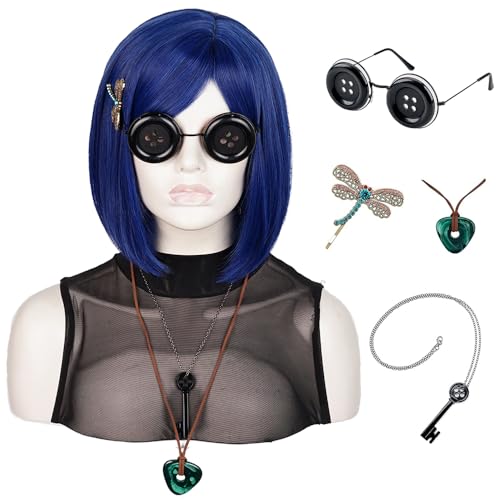Coraline Women Dark Blue Bob Short Straight Hair Adult Wig Button Glasses Key Necklace Gemstone Necklace Dragonfly Hairpin Costume Party Cosplay Wig (SET4)