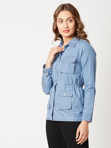 Image of Miss Chase Women's Polo Neck Full Sleeves Patch Pocket Denim Overcoat Knee-Length Jacket