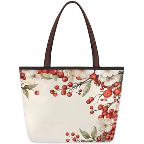 Flowery Berry Tote Bag Multi Pocket Zippered Beach Bag Lightweight Waterproof Handbag for Women Men Work Gym Travel Swimming Yoga Grocery Shopping M