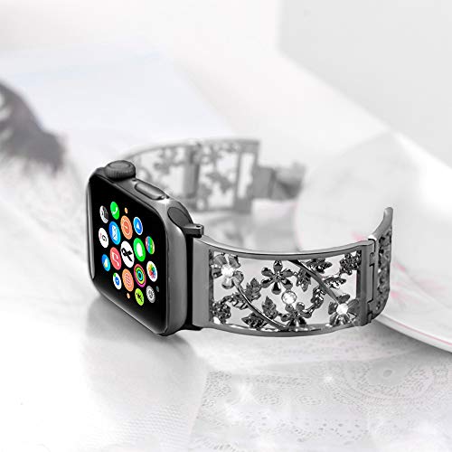 Image of Floral Band for Apple Watch Band, Women, Black, 42 /44 /45 /46 /49mm | Bling Crystal Bracelet Hollow Metal Strap, Delicate & Chic, Fits iWatch series 11 /10 /9 /8 /7, Ideal for Everyday & Casual