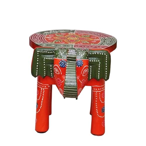 Image of Hand-Crafted and Emboss Colorful Painted Wooden Elephant Round Shape Stool for Home /Office /Living or Bedroom Decor,Decorative Showpiece (8 Inches Height, Orange)