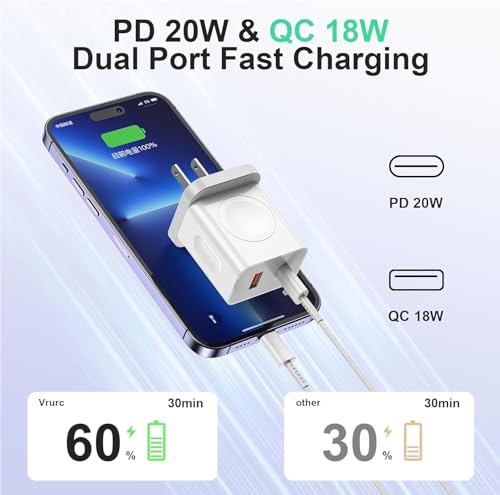 Pour Apple Watch Charger, 20W Double port USB C Wall Charger Plug Bloc de charge rapide pour iPhone, Chargeur de voyage pour iWatch Series Ultra10/9/8/7,Compatible avec iPhone 15/14/13 Series, blanc