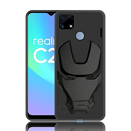 Image of COVERLY Official 3D Smooth Feel Avengers Logo Mask Soft Rugged Grip TPU Silicone Iron Man Engraved Cartoon Movie Engraved Silicone Rubber Matte Strong Back Cover for Realme C25 (6.50 inch) - Black