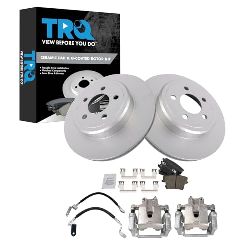 Image of TRQ Rear Brake Pad and Rotor Set Ceramic Coated Rotors Calipers Compatible with 2014 Chrysler 300 2013-2014 Challenger 2006 Charger