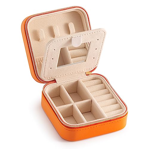 Image of TRODANCE Jewelry Travel Case with Mirror,Small Travel Jewelry Organizer, Portable Jewelry Box Travel Mini Organizer Portable Display Storage Box for Rings Earrings Necklaces (Orange)
