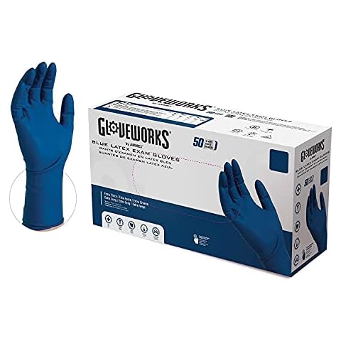 GLOVEWORKS HD Medical Blue Latex Gloves, Box of 50, 13 Mil, Size Large, 12 Inches Long, Powder Free, Textured, Disposable, Non-Sterile, GPLHD86100BX Cover
