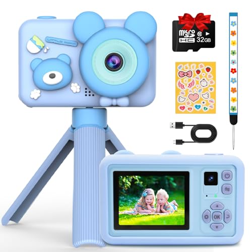 Cámara infantil, 1080P HD, cámara digital infantil con pantalla IPS de 2,0 pulgadas, cámara digital selfie para niños con trípode y tarjeta SD de 32 GB, juguete con juego de reproducción para niños de