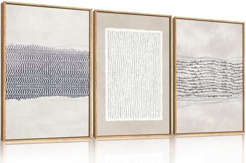 HOURIA Blue White Abstract Neutral Framed Canvas Wall Art Set,Min...