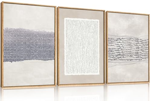 HOURIA Blue White Abstract Neutral Framed Canvas Wall Art Set,Minimalist Boho Waves Lines Wall Decor,Modern Geometric Shapes Print,Mid Century Grunge Artwork for Living Room,Bedroom,Office- 16'x24'x3