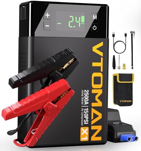 VTOMAN X1 Jump Starter with Air Compressor, Car Battery Jumper Starter (2500A,Up to 8.5L Gas/6L Diesel Engine) with 150PSI Auto Tire Inflator, 12V Portable Booster Pack, Lithium Jump Box Charger-Black