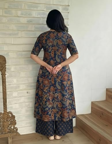 Image of ANNI Designer Women's Rayon Viscose Straight Printed Kurta with Palazzo | Elbow Length Sleeve Kurti Set | Close Neck with Back Slit | Soft Comfortable Fabric | 2 Piece Outfit