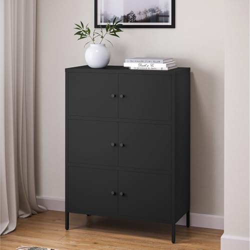 skølm Atriona Metall Kommode – Sideboard mit 3 Fächern & 6 Türen – Metallschrank in Schwarz – Mehrzweckschrank – Highboard 80 cm breit – höhenverstellbare Füße – Aufbewahrungsschrank – Flurschrank