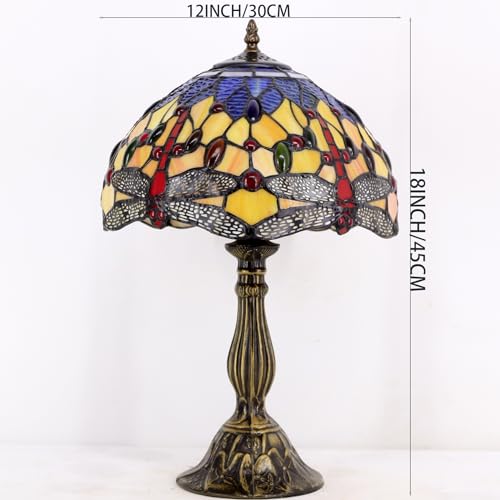 Image of WERFACTORY Tiffany Lamp Stained Glass Bedside Table Lamp 18 Inch Dragonfly