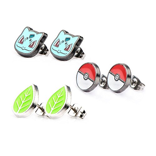 Preisvergleich Produktbild Pokemon Ohrstecker Bisasam Pokeball Blatt 3er Set emailliert Edelstahl
