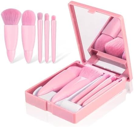 Kit de Pincéis para Maquiagem com Espelho, 5 Peças, Estojo Rosa