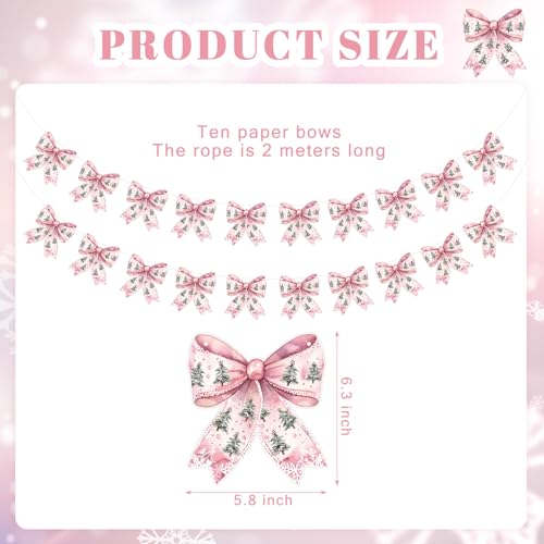 Image of Oudain 2 Pack Pink Bow Christmas Garland Banner Pink Coquette Christmas Bow Hanging Bunting Banner Flags for Xmas Birthday Bridal Shower Wedding Engagement Bachelorette Girl Baby Shower Supplies