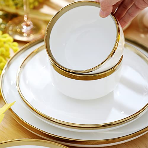 Keycheflab 4.3-Inch Porcelain Ceramic Bowl Set, White/Emerald Green With Gold Trim Round Serving Bowls For Pasta Salad Cereal Ramen Noodle Soup Ice Cream Bowls (Set Of 4) (White) #TOP3