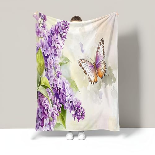 Mantas para Cama Sofa 150X200Cm, Manta De Franela Beige Flores Lilas De Acuarela Suave Caliente Cobijas De Otoño para Niños Adultos, Mariposa Vintage Manta Ligera De Regalo para Viajes
