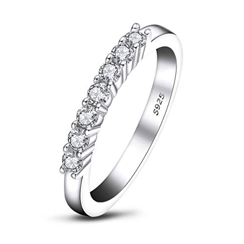 AINUOSHI Eternity Wedding Band, Platinume Plated Sterling Silver, Round/Princess Cut Cubic Zirconia, Stackable Engagement Ring for Women，Jewelry Box Packed