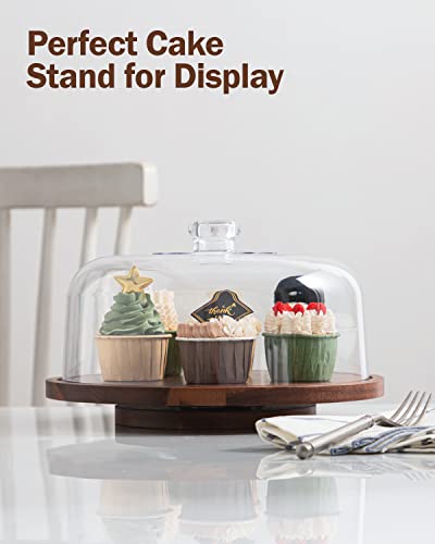 Fun Elements Rotating Cake Stand With Dome, Acacia Wood Cake Plate | Lazy Susan With Acrylic Lid For Table, Cheese Board & Serving Tray For Baked Goods In Kitchen | Ideal Gift Choice #TOP1