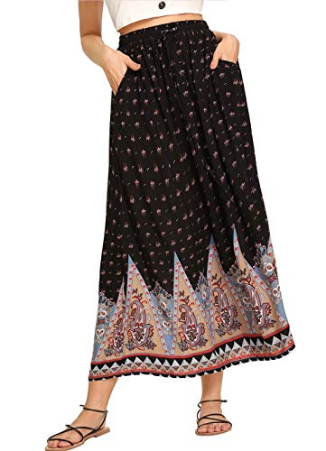 Milumia Women's Boho Vintage Print Pockets Side A Line Maxi Skirt Black and Beige Small