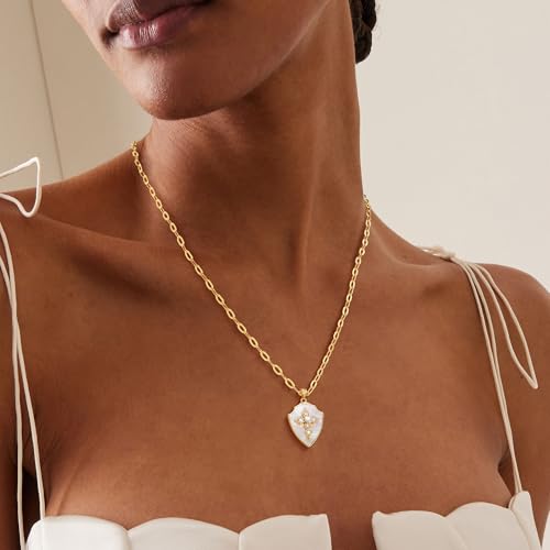 Fettero Dainty MOP Necklaces for Women, 14K Gold Plated Heart Cross Teardrop Pendant Cute Charm Neclace Delicate Pearl Beach Gold Necklace for Women Jewelry Gift