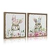 ArtbyHannah Framed Easter Canvas Wall Art Decor 12×12 Inch Easter Bunny Pictures Wall Decorations Indoor Rustic Spring Wall Art Decor with Cute Rabbit Flowers for Home 2 PackPink