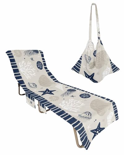 Beach Pool Patio Lounge Chaise Chair Cover Towel with Pockets,Coastal Navy Blue Absorbent & Quick Dry Microfiber Towel Cover Bag Travel Accessories Nautical Starfish Shells Coral Conch Jellyfish