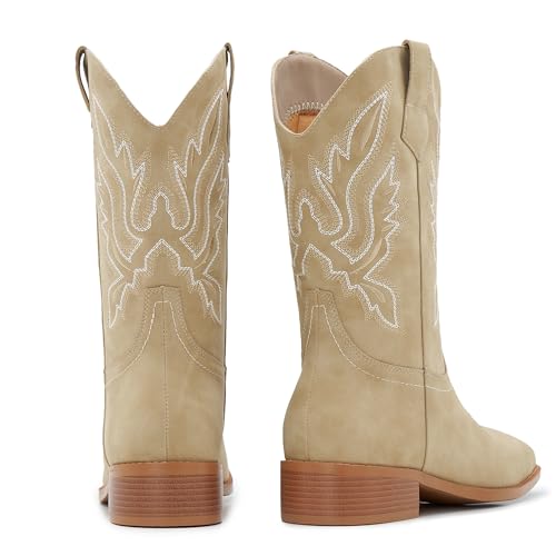 Image of Cowgirl Boots Square Toe Cowboy Boots For Women Ladies Mid Calf Low Heel Flat