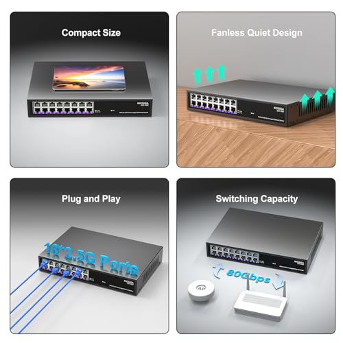 Image of 16 Port 2.5Gb Ethernet Switch Unmanaged, NICGIGA 16 Port 2.5G Network Switch, Plug & Play, Desktop or 19-inch Rack Mount, Fanless Metal Design.