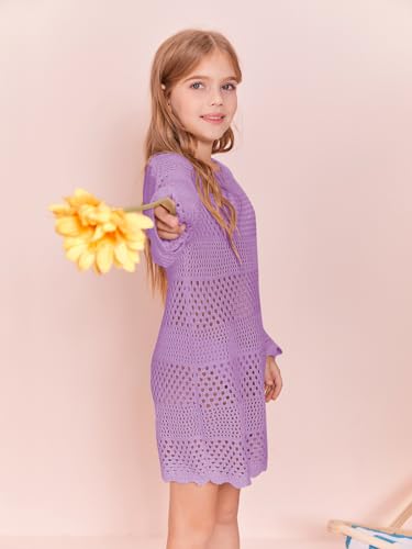 Image of Batermoon Girls Crochet Long Sleeve Swimsuit Cover Up Kids Fashion Hollow Out Swimwear Beach Dress 5-14 Years