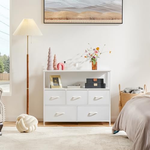 Image of NEWBULIG Dresser,Dresser with 5 Fabric Drawers,Chest of Drawers,Storage Tower, TV Stand Organizer Storage for Bedroom Living Room Hallway, Easy Pull Fabric Bins,Wooden Top, Sturdy Steel Frame,White