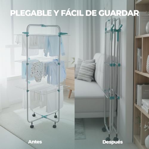 Miniatura 3 de Mundo Home Tendedero Vertical Plegable 30m 3 Niveles Con Ruedas 61 71 135cm - Tendedero De Pie Plegable De Acero Para Interior Y Exterior - Tenderetes De Ropa Plegables Que Ahorra Espacio Y Tiempo