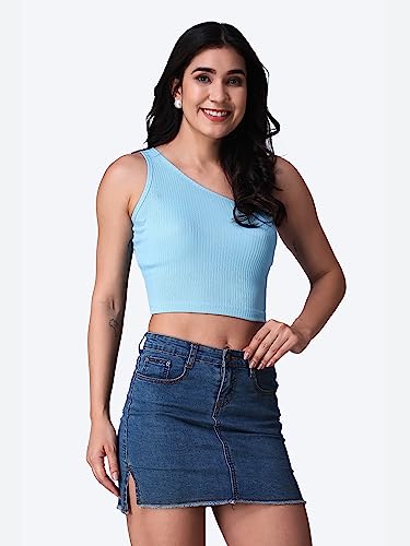 Image of POPWINGS Casual One Shoulder Ribbed Crop Top for Women || Sleeveless Crop Top for Women || Stylish Women Crop Top for Summer || Ribbed Crop Top for Women