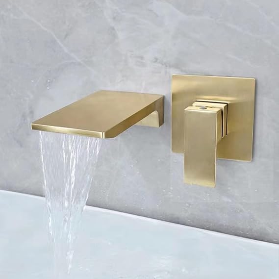 Modern Wall Mount Waterfall Bathroom Faucet, Single Handle, Hot and Cold Ceramic Valve, 175mm Spout Reach, Basin Mixer Taps Bathroom Hot and Cold Waterfall Wall Tap Stylish and Posh (Gold)-image-31