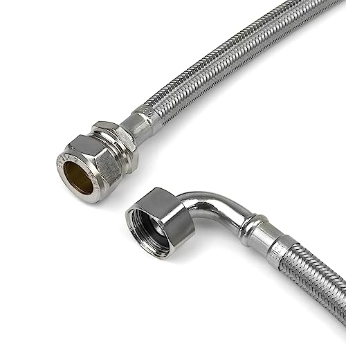 Xcel Home 1x WRAS Approved Elbow (90°) 1/2 x 15mm Compression x 500mm Flexible Pipe Connectors | 2 Sizes - Single Pipe | BSP Elbowed Stainless Steel Braided Flexi Pipes for Boilers, Plumbing