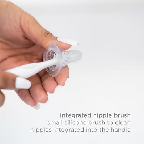 Image of Ubbi Deluxe 2-in-1 Baby Bottle Cleaning Brush Set, Taupe | Includes Nipple Brush with Suction Cup, Standing Bottle Brush, Dishwasher Safe, Baby Registry Essential