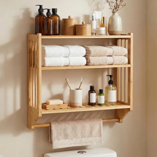 Goaste Bamboo Over The Toilet Storage Shelf, 3-Tier Wall Mounted Bamboo Rack Organizer, Floating...