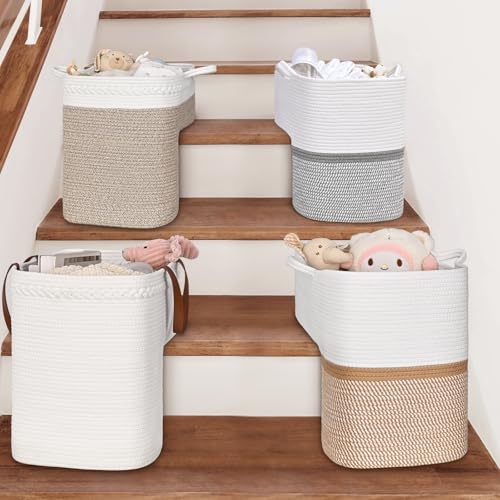 Image of Woven Stair Basket, Stair Baskets for Wooden Stairs, Carpeted Stairs Storage Basket with Handles, Staircase Baskets for Toys, Books, White, 15 inch L x 10 inch W x 15 inch H
