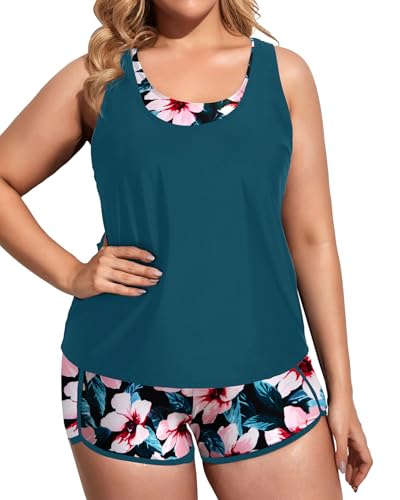 Image of Holipick Women Plus Size Swimsuits - Athletic 3 Piece Tankini with Shorts | Sports bikini top, high waist shorts, tank top, removable pads. Athletic style for water activties