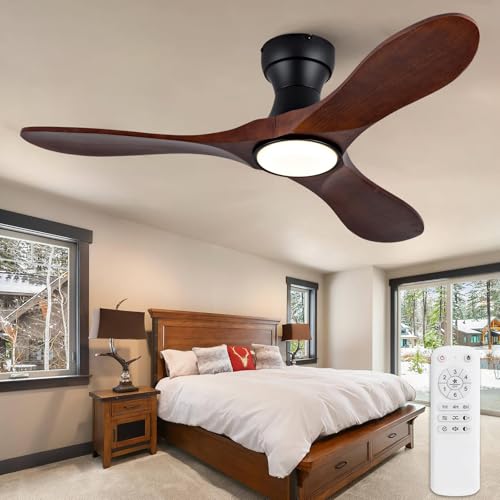 Image of 42 Inch Wood Flush Mount Ceiling Fans with Lights and Remote, Dimmable 3 Blade Wood Bedroom Ceiling Fan Outdoor Ceiling Fans for Patios Low Profile Ceiling Fan with Light for Bedroom Living Room