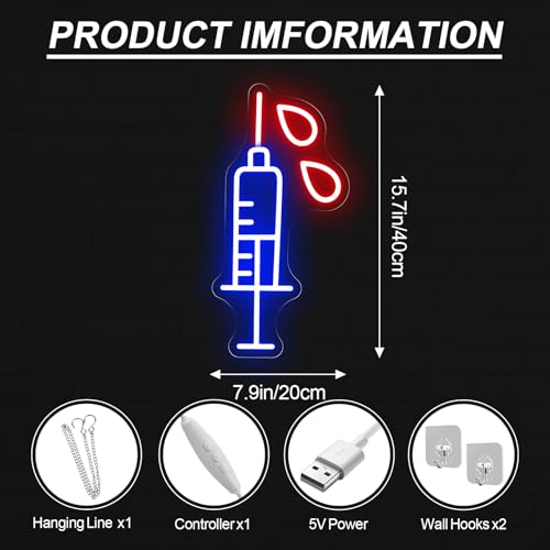Image of Interesting Syringe Neon Sign Gothic Led Light Goth Home Decoration | USB Powered Dimmable Needle Restaurant Bar Venue Party Room Shop Wall Decor Child Personality Gift 15.7 inchx5.9 inch