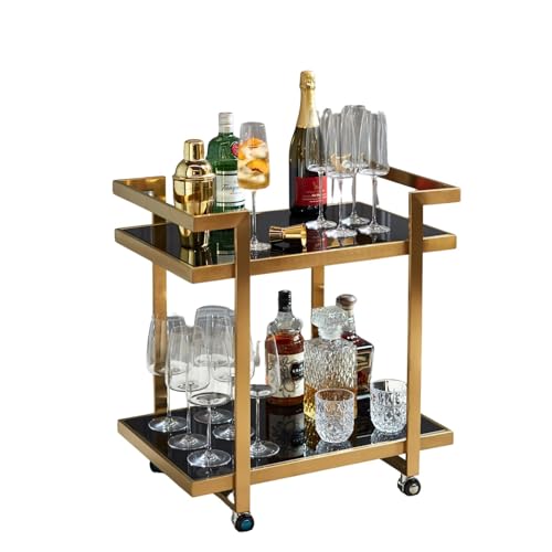 Image of Elegant Golden Iron Bar Cart Trolley with Wheels Serving Trolley for Home Kitchen Dining Hotel Restaurant Modern Furniture