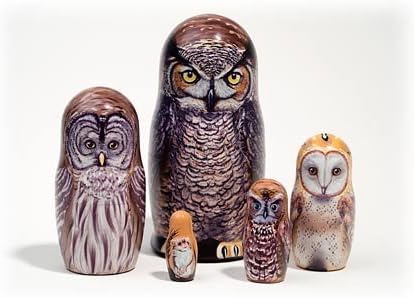 North American Owls 5 Piece Russian Wood Nesting Doll Matryoshka Stacking Dolls