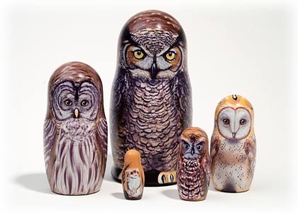 North American Owls 5 Piece Russian Wood Nesting Doll Matryoshka Stacking Dolls